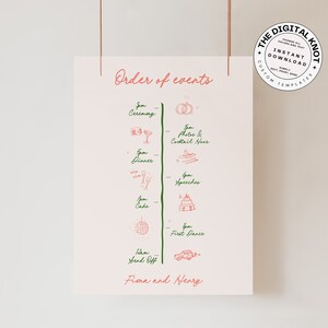 Pu&ograve; includere: Una linea temporale rosa e verde dell'ordine degli eventi di un matrimonio con illustrazioni disegnate a mano. La linea temporale include la cerimonia, le foto e l'ora del cocktail, la cena, i discorsi, la torta, il primo ballo e il saluto. Il testo in basso dice "Fima e Henry".