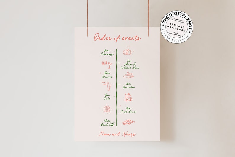 Pu&ograve; includere: Una linea temporale rosa e verde dell'ordine degli eventi di un matrimonio con illustrazioni disegnate a mano. La linea temporale include la cerimonia, le foto e l'ora del cocktail, la cena, i discorsi, la torta, il primo ballo e il saluto. Il testo in basso dice "Fima e Henry".