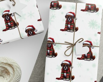 Papier cadeau personnalisé Boxer de Noël et emballage cadeau Boxer pour les amoureux des chiens, décoration de vacances blanche et verte