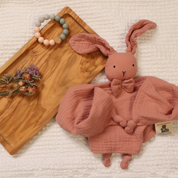 Organic muslin Bow-tie Rabbit Baby Lovey, Pink and Blue lovey, Security Blanket, Baby Lovey, Rabbit Lovey, Animal Lovey