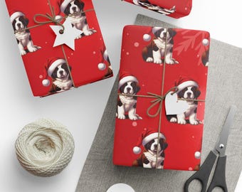 2025v1 - Saint Bernard Festive Christmas wrapping and Holiday gift wrap dog present