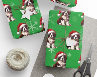 2025v1 - Saint Bernard Festive Christmas wrapping and Holiday gift wrap dog present