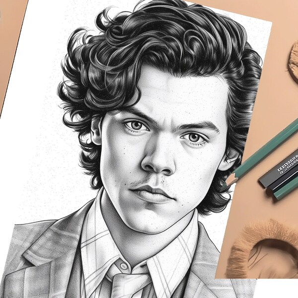 Coloriage imprimable Harry Styles | Livre de coloriage de célébrités en niveaux de gris | Téléchargement instantané pour enfants et adultes