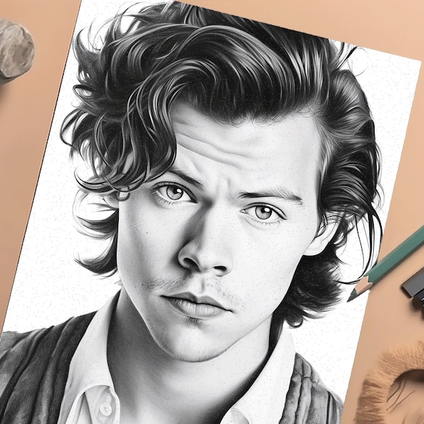 Coloriage imprimable Harry Styles | Livre de coloriage de célébrités en niveaux de gris | Téléchargement instantané pour enfants et adultes