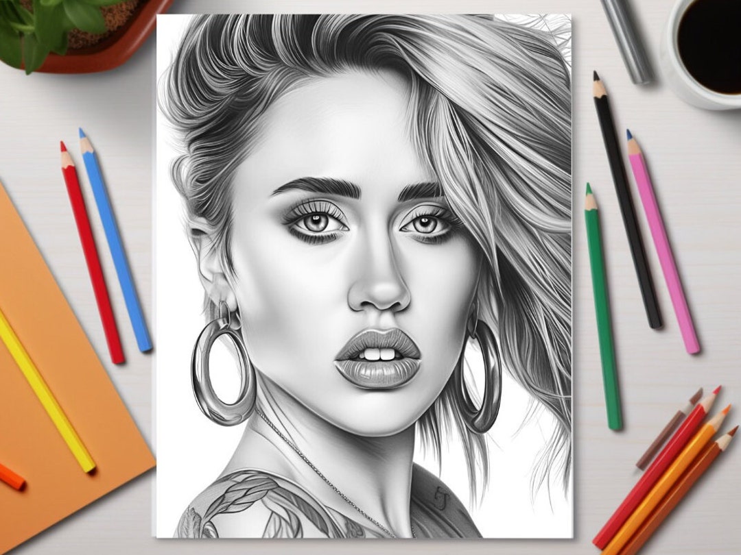 Miley Cyrus Coloring Page for Adults Grayscale Coloring - Etsy