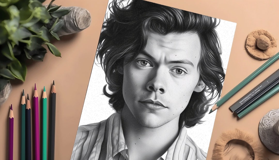 Harry Styles Printable Coloring Page Greyscale Celebrity Coloring Book ...