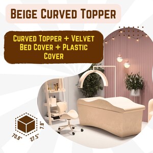 May include: Beige curved massage table topper with a velvet bed cover and plastic cover. The table is 70.8 inches long, 27.5 inches wide, and 7.8 inches high.