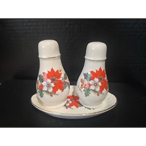 Vintage ceramic salt and pepper shakers with tray