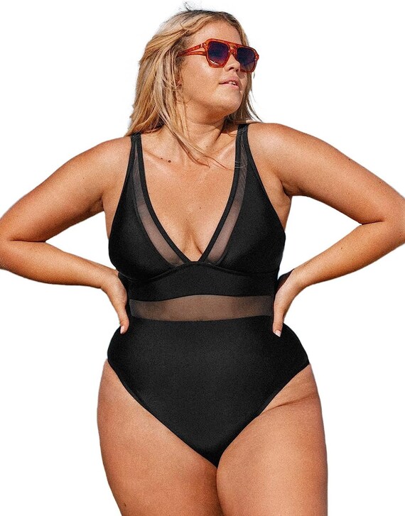 PLUS SIZE V-neck Mesh Sheer Tummy Control Bathing Suit, Plus Size One Piece  Swimsuit 