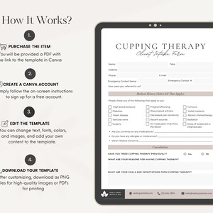 May include: A digital tablet displaying a cupping therapy client intake form. The form includes sections for personal information, medical history, and consultation questions. The form is designed for use by cupping therapists.