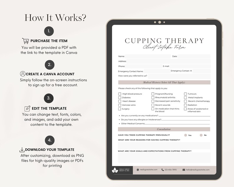 May include: A digital tablet displaying a cupping therapy client intake form. The form includes sections for personal information, medical history, and consultation questions. The form is designed for use by cupping therapists.