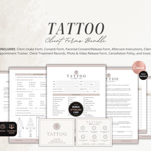 May include: A digital bundle of tattoo client forms featuring a client intake form, consent form, parental release, aftercare instructions, appointment tracker, treatment records, photo release, cancellation policy, and invoice, all with a neutral color palette.