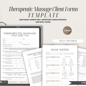 May include: A set of six printable therapeutic massage client forms in a minimalist style with a brown and white color scheme. The forms include a client intake form, consent form, appointment cancellation policy, soap notes, and an invoice. The forms are fully editable and can be used for massage therapists, estheticians, and other wellness professionals.