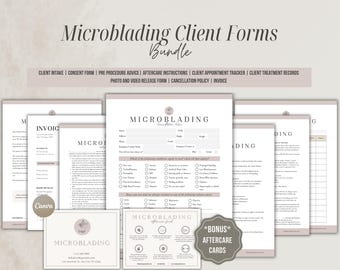Paquete de formularios para clientes de microblading que incluye formulario de admisión, cuestionario de historial médico, formulario de consentimiento e instrucciones de cuidados posteriores.