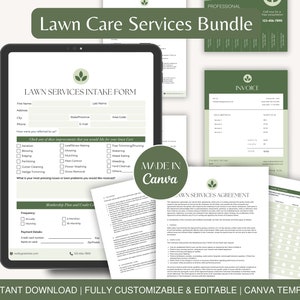 Op de afbeelding: Een digitaal sjabloon voor gazononderhoudsdiensten. Het sjabloon bevat een gazononderhoudsintakeformulier, een gazononderhouds overeenkomst en een factuur. Het sjabloon is gemaakt in Canva en is volledig aanpasbaar en bewerkbaar. Het sjabloon is beschikbaar voor directe download.