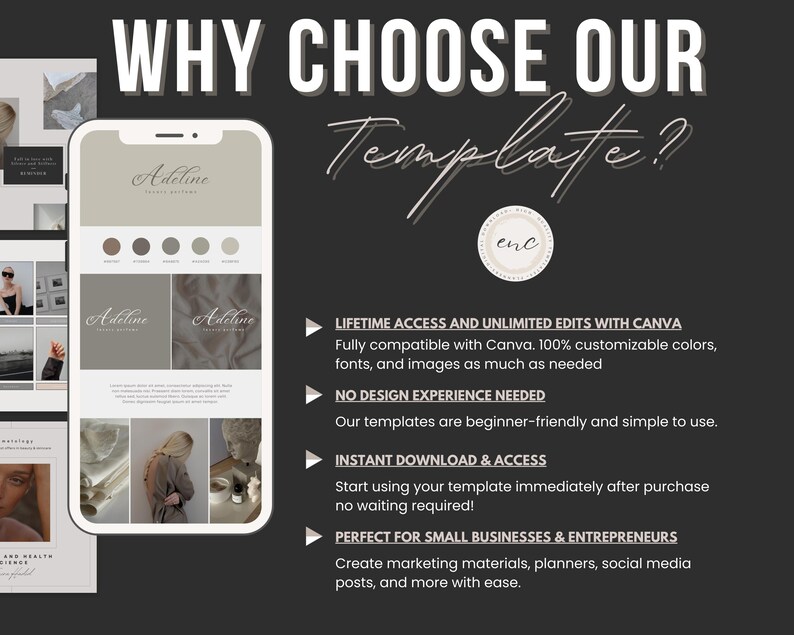 May include: A digital marketing template display featuring the text WHY CHOOSE OUR Template? and Adeline Visual Designs. The graphic includes a smartphone mockup showing a neutral-toned layout with colour swatches, images, and text blocks on a dark background.