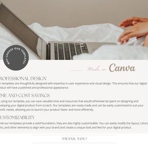 Puede incluir: Un ordenador port&aacute;til con un fondo blanco y el texto "Made in Canva" en la pantalla. El texto "Why Choose Our Templates?" est&aacute; en un c&iacute;rculo en el lado izquierdo de la imagen. El texto "Professional Design, Time and Cost Savings, Customizability, Thank You!" est&aacute; debajo del port&aacute;til.