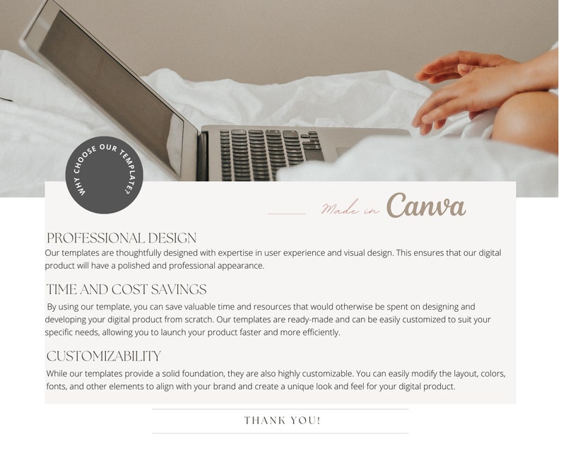 Puede incluir: Un ordenador port&aacute;til con un fondo blanco y el texto "Made in Canva" en la pantalla. El texto "Why Choose Our Templates?" est&aacute; en un c&iacute;rculo en el lado izquierdo de la imagen. El texto "Professional Design, Time and Cost Savings, Customizability, Thank You!" est&aacute; debajo del port&aacute;til.