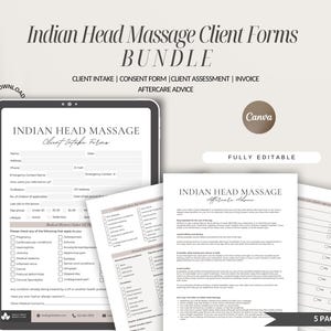 Könnte beinhalten: Ein Set aus fünf druckbaren Formularen für indische Kopfmassagen in einem Bundle. Die Formulare umfassen ein Kundenaufnahmeformular, ein Einverständnisformular, eine Kundenbewertung, eine Rechnung und Nachsorgehinweise. Die Formulare sind vollständig editierbar und können für ein Spa oder ein Massagetherapieunternehmen verwendet werden.