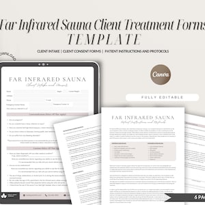 Pode incluir: Um modelo digital para um formulário de tratamento para clientes de sauna de infravermelho distante. O modelo inclui um formulário de admissão do cliente, formulários de consentimento do cliente e instruções e protocolos para o paciente. O modelo é totalmente editável e inclui 6 páginas.