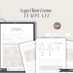Puede incluir: Una plantilla de formulario de admisión para clientes de yoga imprimible en tres páginas, en un esquema de color marrón claro. La plantilla incluye secciones para la información del cliente, la información confidencial, el historial médico y un espacio para la firma del cliente. La plantilla es totalmente editable y se puede utilizar en Canva.