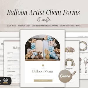 Może przedstawiać: Zestaw drukowanych formularzy dla artystów balonowych, w tym przyjęcie klienta, umowy, informacje o pielęgnacji, menu balonowe, paleta kolorów i faktura. Formularze mają neutralną paletę kolorów i zawierają tekst "Balloon Artist Client Forms Bundle".
