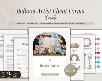Plantilla de formularios para clientes de artistas de globos para servicios de decoración de eventos / Formulario de admisión de clientes, hoja de detalles del evento, exención de responsabilidad y términos