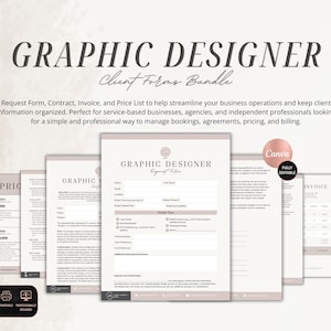 May include: A graphic designer client forms bundle featuring a request form, contract, invoice, and price list. The documents are printed on white paper with soft pink accents and black text. A circular pink Canva logo is visible on the right side.
