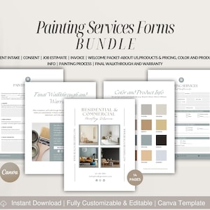 Op de afbeelding: Een bundel schildersserviceformulieren, waaronder klantintake en offerte. De formulieren worden weergegeven op wit papier met een neutrale achtergrond. De tekst bevat "Painting Services Forms BUNDLE" en "Instant Download | Fully Customizable & Editable | Canva Template."