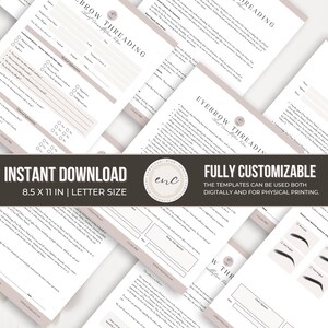 Op de afbeelding: Een verzameling printbare consultatie- en toestemmingsformulieren voor wenkbrauwthreading in letterformaat. De documenten bevatten zwarte tekst op wit papier met zachtroze accenten, inclusief secties voor medische geschiedenis en wenkbrauwvormen.