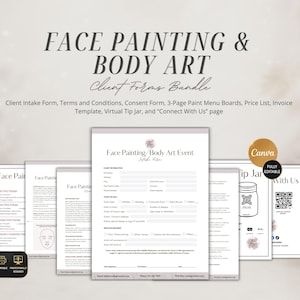 May include: A digital bundle of face painting and body art client forms including an intake form, terms and conditions, consent form, paint menu boards, price list, invoice template, virtual tip jar, and a connect with us page with QR code.
