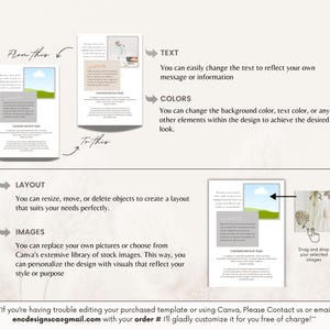 May include: A digital template instruction graphic featuring two document layouts labelled From This and To This. It includes text sections explaining how to edit text, colours, layout, and images, with a drag and drop icon and contact email.