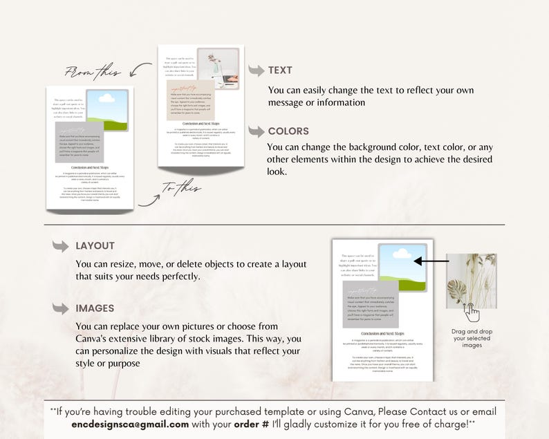 May include: A digital template instruction graphic featuring two document layouts labelled From This and To This. It includes text sections explaining how to edit text, colours, layout, and images, with a drag and drop icon and contact email.