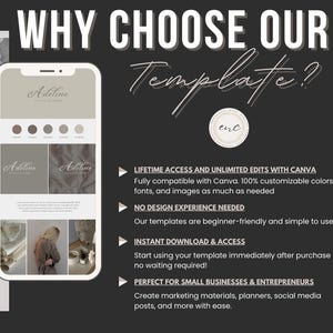 K&ouml;nnte beinhalten: Eine digitale Marketing-Vorlagenwerbung mit einem Smartphone, das eine beige-wei&szlig;e Benutzeroberfl&auml;che mit dem Text Adeline anzeigt. Der dunkelgraue Hintergrund enth&auml;lt den Text WHY CHOOSE OUR Template? und listet Funktionen wie lebenslangen Zugriff.