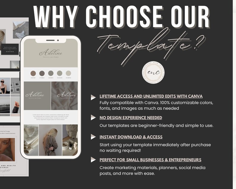K&ouml;nnte beinhalten: Eine digitale Marketing-Vorlagenwerbung mit einem Smartphone, das eine beige-wei&szlig;e Benutzeroberfl&auml;che mit dem Text Adeline anzeigt. Der dunkelgraue Hintergrund enth&auml;lt den Text WHY CHOOSE OUR Template? und listet Funktionen wie lebenslangen Zugriff.