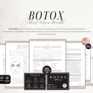 May include: A digital bundle of Botox client forms including an intake form, consent form, aftercare instructions, injection site record, cancellation policy, photo release, treatment record, appointment record, invoice, and aftercare card.