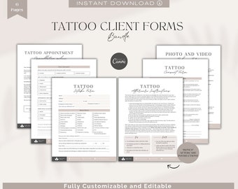 Formularios para artistas del tatuaje, consentimiento del cliente y cuidados posteriores (Canva editable, descarga digital)