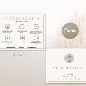 May include: A rectangular microblading aftercare guide card measuring 5.5 x 4.25 inches, featuring instructional icons and text. A second card displays a logo, the word MICROBLADING, and contact details including a phone number and address.
