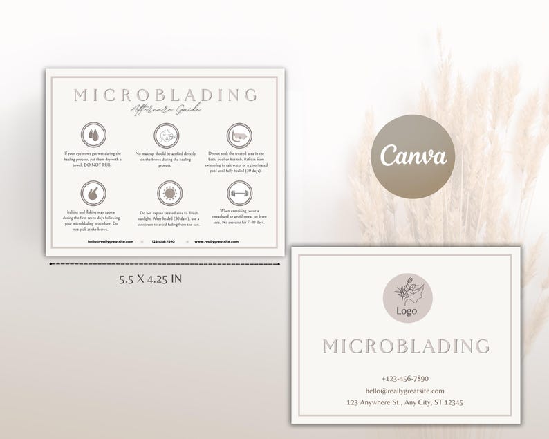 May include: A rectangular microblading aftercare guide card measuring 5.5 x 4.25 inches, featuring instructional icons and text. A second card displays a logo, the word MICROBLADING, and contact details including a phone number and address.