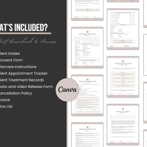May include: A digital template set for a Japanese head spa business, featuring a dark grey sidebar with the text WHAT'S INCLUDED? and a list of documents including Client Intake, Consent Form, Aftercare Instructions, Appointment Tracker, and Invoice.