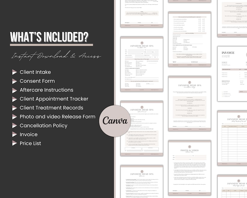 May include: A digital template set for a Japanese head spa business, featuring a dark grey sidebar with the text WHAT'S INCLUDED? and a list of documents including Client Intake, Consent Form, Aftercare Instructions, Appointment Tracker, and Invoice.
