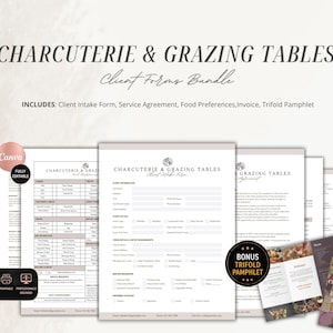 Puede incluir: Un paquete digital de documentos comerciales para mesas de charcutería y pastoreo, que incluye un formulario de admisión de clientes, contrato de servicio, lista de preferencias alimentarias, factura y un folleto tríptico.