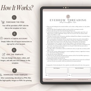 Op de afbeelding: Een digitaal sjabloon voor een consultatieformulier voor wenkbrauwthreading, weergegeven op een tabletscherm. De linkerkant toont vier stappen: aankoop, Canva-account aanmaken, sjabloon bewerken en downloaden. Het formulier bevat tekst en handtekeningvelden.