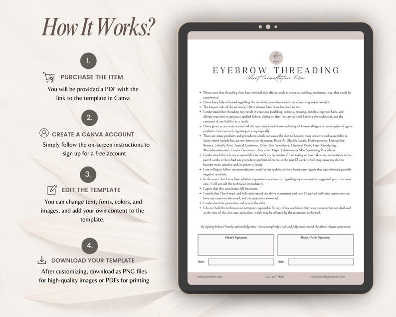 Op de afbeelding: Een digitaal sjabloon voor een consultatieformulier voor wenkbrauwthreading, weergegeven op een tabletscherm. De linkerkant toont vier stappen: aankoop, Canva-account aanmaken, sjabloon bewerken en downloaden. Het formulier bevat tekst en handtekeningvelden.