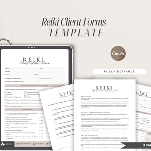 Könnte beinhalten: Eine digitale Vorlage für Reiki-Kundenformulare, mit einem Tablet, das ein Formular und mehrere gedruckte Seiten anzeigt. Die Formulare enthalten Abschnitte für die Krankengeschichte und Behandlungsinformationen. Der Text "Reiki Client Forms TEMPLATE" steht oben.