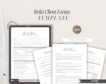 Bewerkbare Reiki-clientformulieren, intake en toestemming (Canva-sjabloon)