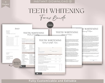 May include: A set of five printable forms for teeth whitening services. The forms include a medical history form, a patient intake form, and a consent form. The forms are customizable and editable. The forms are designed in a light brown color scheme with a modern and minimalist aesthetic.