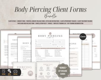Plantilla de formularios para clientes de piercings, formulario de admisión, consentimiento para piercings, historial médico, exención de responsabilidad y formularios de cuidados posteriores.