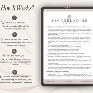 May include: A digital template for microblading aftercare instructions displayed on a tablet screen. The document includes detailed medical advice, contraindications, and topical anaesthetic guidance. To the left, a four-step guide explains how to purchase, create a Canva account, edit the template, and download the final file.