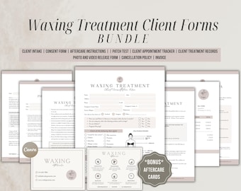 Formularios para clientes de depilación con cera, plantillas de admisión profesional, consentimiento, cuidados posteriores, contraindicaciones y exención de responsabilidad para esteticistas.